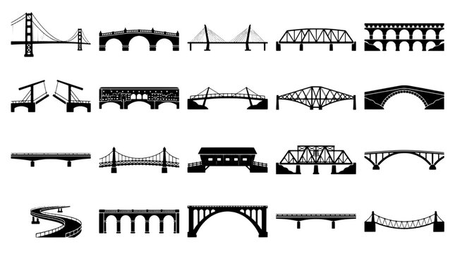 Bridges silhouette set with various architectural styles and structures, including suspension, arch, beam, and truss designs in black