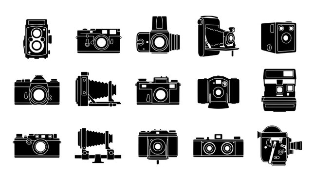 Cameras black and white icon set with various models and styles, including digital and film photography equipment.