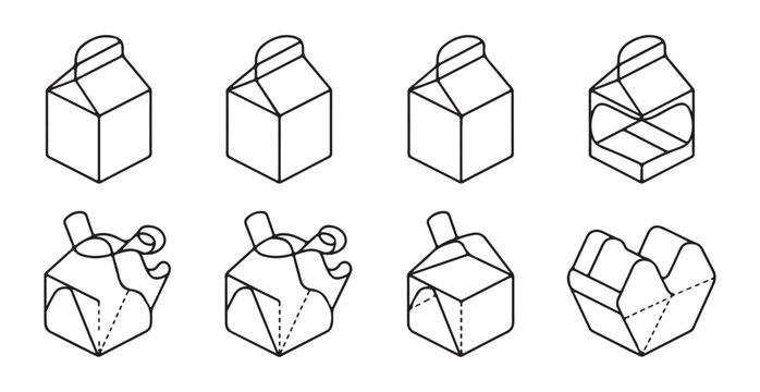 Isometric view of milk carton packaging evolution and paper folding process in detailed vector set.