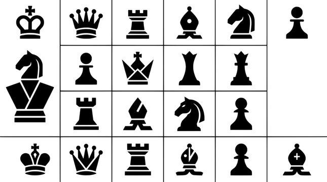 Chess pieces set with black silhouettes on grid background featuring icons, strategy, game with board and king elements for queen, rook projects,