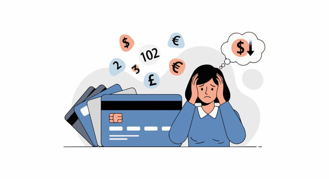 A worried woman clutches her head, surrounded by credit cards and currency symbols