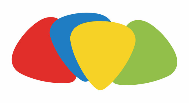 Abstract arrangement of four colorful guitar picks on white background