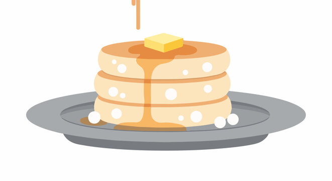 A stack of three fluffy pancakes covered in syrup and topped with a pat of butter