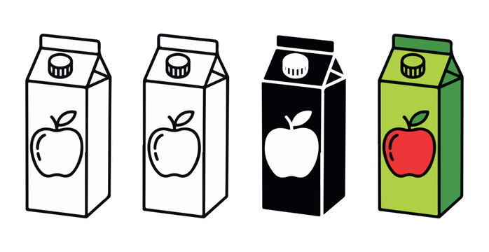 Apple juice cartons icon set. vector illustrations of various styles including outline, silhouette, and color.