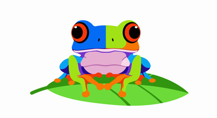 Obraz premium A vibrant, pixelated frog with big red eyes sits on a green leaf