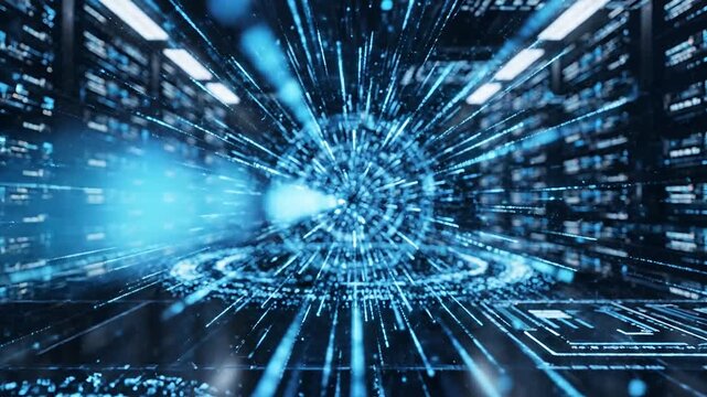 Abstract Digital Blue Energy Sphere Exploding with Light Streaks in Futuristic Data Center.