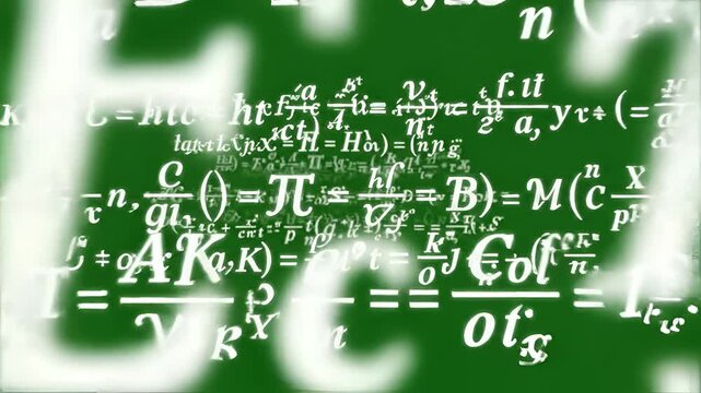 Abstract mathematical formulas and symbols floating on a green background.