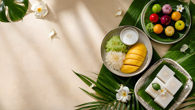 Minimal Luxury Thai Dessert Flat Lay with Luk Chup, Mango Sticky Rice and Coconut Jelly, Premium Tropical Food Branding Photography