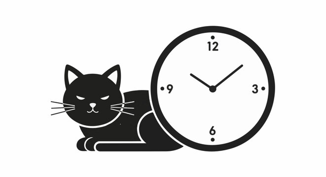 A stylized black cat rests beside a clock face showing almost quarter past one