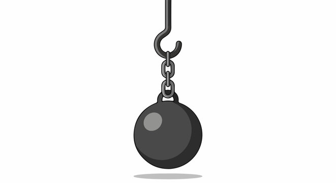A heavy, dark ball hangs by a metal chain and hook