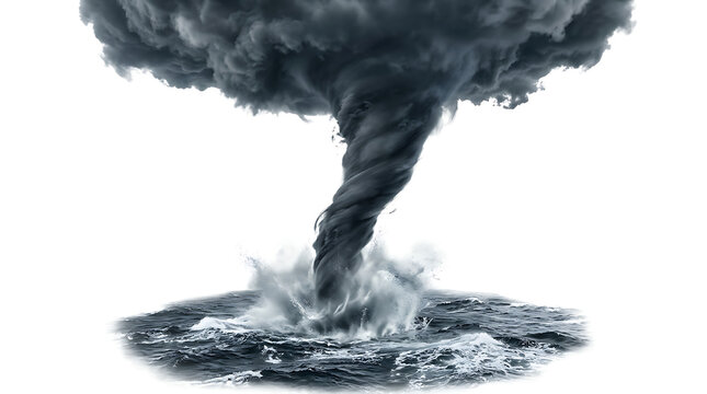 A massive dark waterspout tornado churning over the turbulent ocean surface with dramatic storm clouds isolated on white background