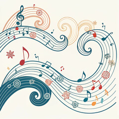 Naklejka premium Music notes wave set. Spiral and wavy musical staff lines with melody clefs clefs notes. Musical decoration for cover, poster, banner 