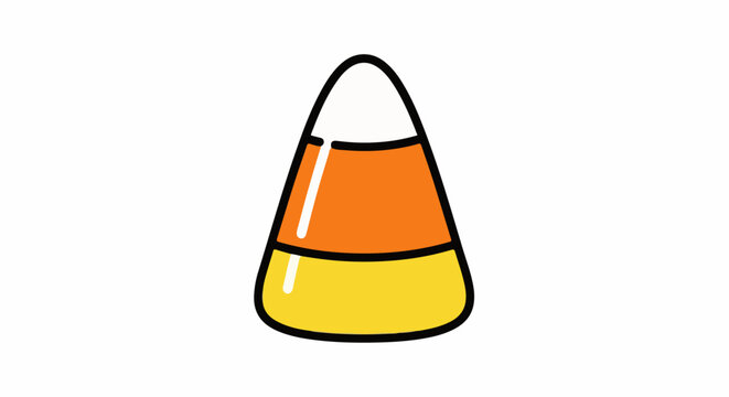 A simple cartoon illustration of a candy corn with white, orange, and yellow stripes
