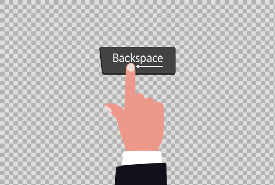 Hand pressing backspace key button concept of erasing mistakes, undoing errors, resetting business strategy, and starting over
