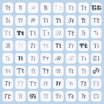 Collection of letter T typography samples in different font styles arranged in grid layout. Alphabet design set with serif, script and decorative typeface variations.