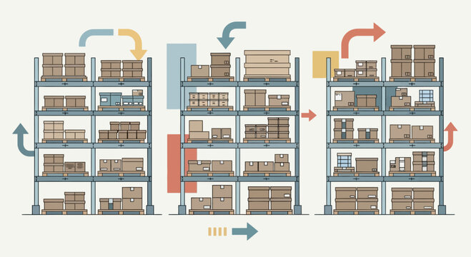 Warehouse logistics flow chart with shelves, boxes, and arrows illustrating inventory management