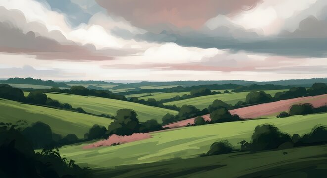Rolling green hills landscape painting with dramatic cloudy sky