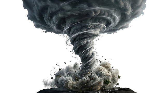 Powerful swirling tornado funnel with violent dark clouds and debris isolated on a bright white background for disaster concepts