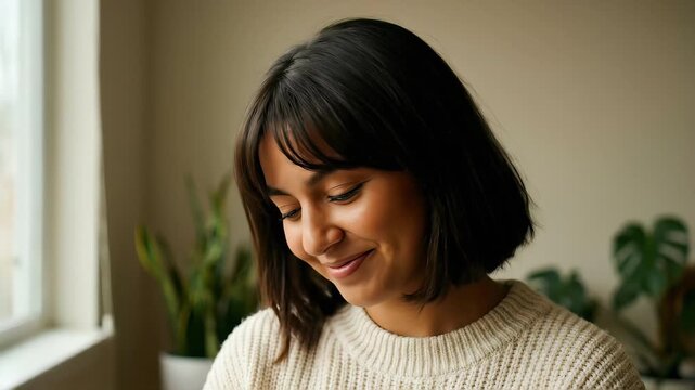 Happy woman looking at window with smile. Young girl in knit sweater relaxing at home. Portrait of female showing joy, contentment and peaceful mood at room.