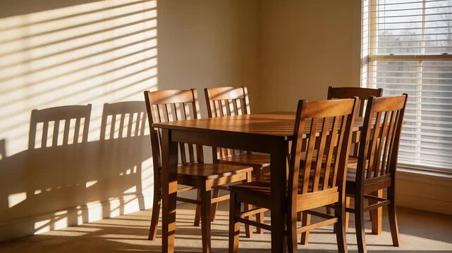 Sunlight entering right window crossing wood table six-seat set in nook, marking time with blinds