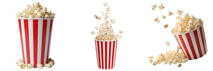 Three striped popcorn buckets with popcorn spilling out, isolated on transparent background © Trieu