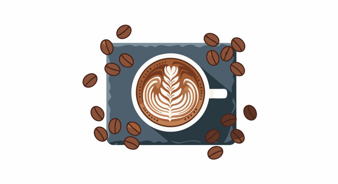 A stylized coffee cup with latte art sits on a slate coaster