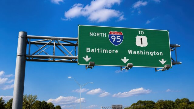 Interstate 95 highway sign indicating directions to Baltimore and Washington with clear blue sky and clouds in the background
