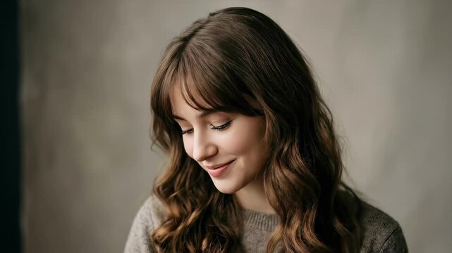 Portrait of a young woman with long wavy hair looking away and smiling. Caucasian female model posing for a studio shot, showing emotion and beauty concept.
