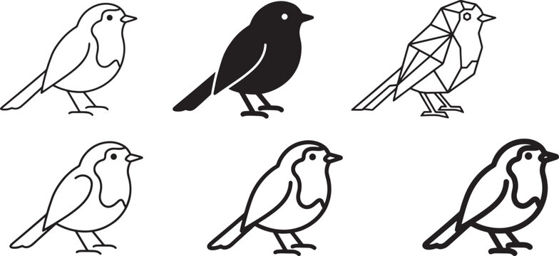 Set of black and white robin bird icons in various graphic styles including line art silhouette and geometric low poly designs for nature logos and minimalist vector illustrations Vector