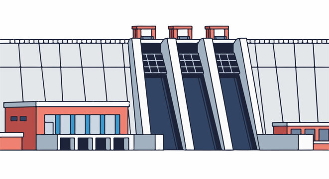 A stylized drawing of a concrete dam with multiple spillways and a small building