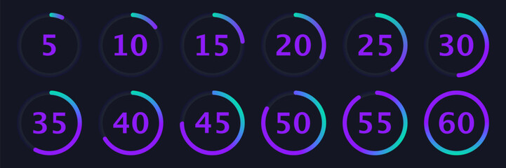Fototapeta premium Circular loading progress collection in neon style. Set of countdown timer and futuristic percentage interface elements