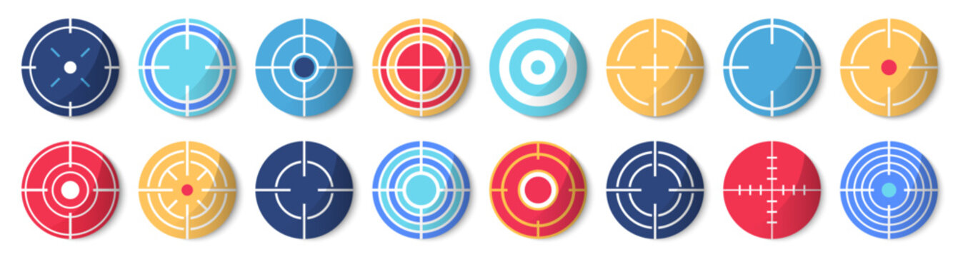 Target crosshair icon collection in colored style. Set of aim, radar, focus and targeting symbol elements