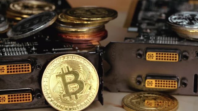 Bitcoin physical coins placed on computer graphics cards for cryptocurrency mining concept.