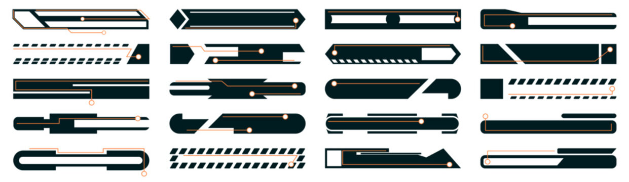 Futuristic interface banner collection in dark style. Set of technology frame, digital stripe and hud panel elements