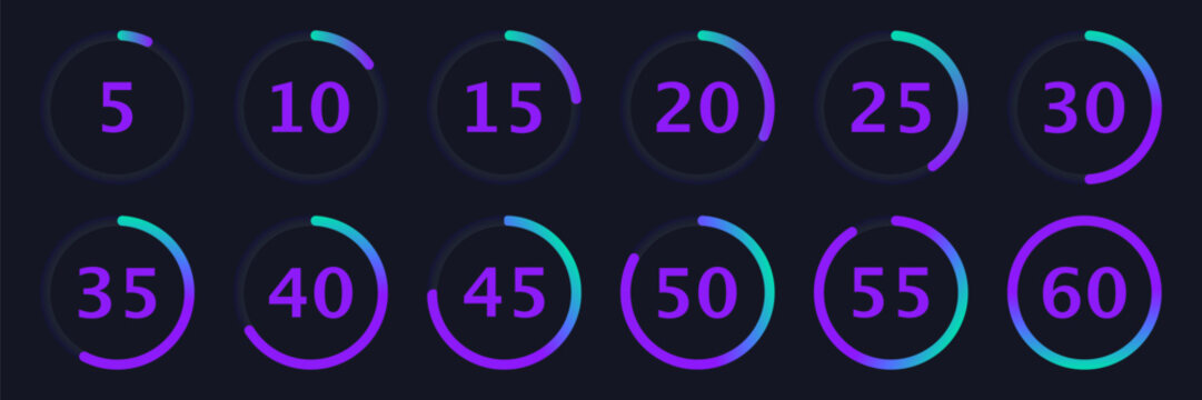 Circular loading progress collection in neon style. Set of countdown timer and futuristic percentage interface elements
