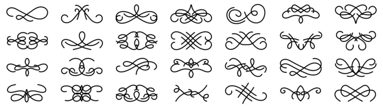 Decorative flourish collection in black. Set of ornamental swirl, divider and vintage calligraphic elements