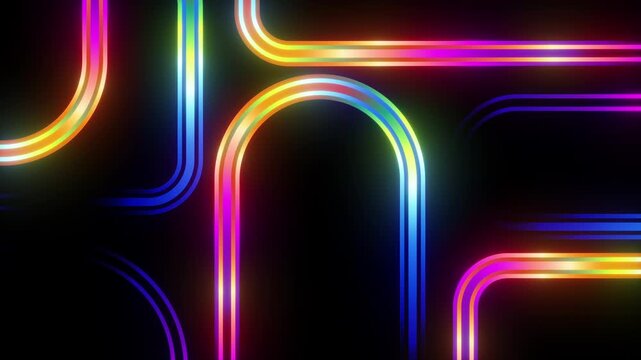 Neon glowing rainbow lines loop on black. Modern abstract looping motion background.