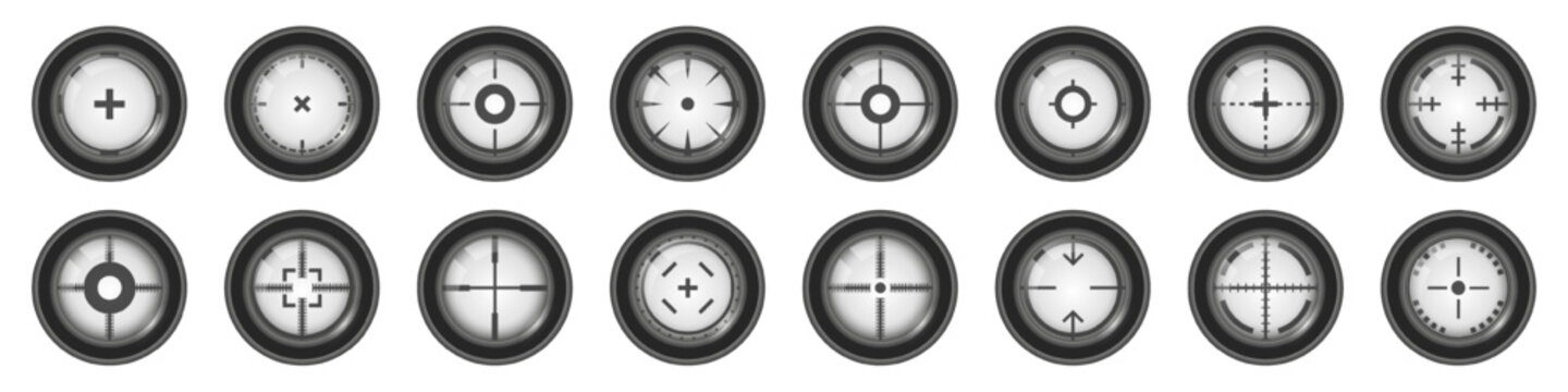 Optical scope crosshair collection in metallic style. Set of target, aiming and precision reticle interface elements