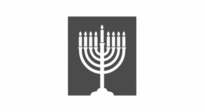 A white menorah with nine lit candles on a gray background