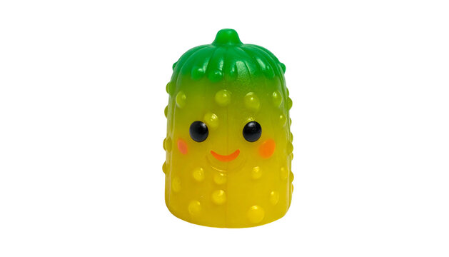 Cute, yellow and green stylized toy with a smiling face and dimples