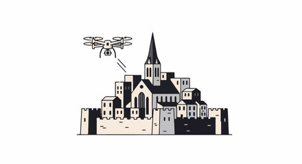 Fototapeta premium A white drone hovers above a stylized, fortified cityscape with a central church spire