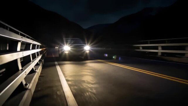 Headlights flashing, oncoming car approaching camera on bridge at night, guardrail reflecting light