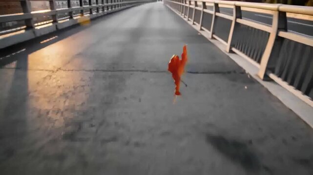 Drifting orange maple leaf rotating above bridge walkway with metal railings, driven by mild breeze