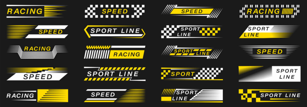 Racing sport banner collection in black and yellow. Set of speed line and motorsport typography compositions