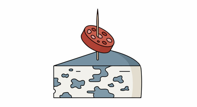 A slice of blue cheese with a pepperoni slice on a toothpick