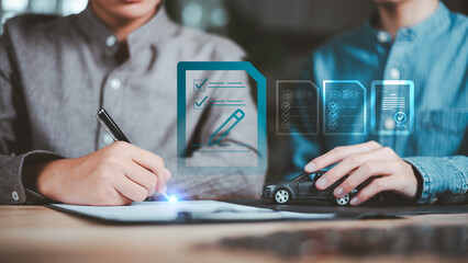 Plakat Insurance agent reviewing car insurance documents and digital policy approval with client, supporting automotive coverage, financial protection, contract verification, and claim service.