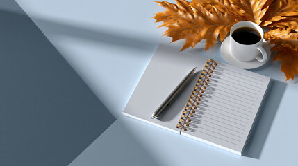 Autumn equinox business background balanced day and night desk scene with notebook coffee cup and autumn leaf