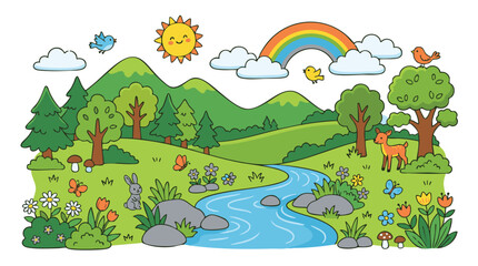 Obraz premium Vibrant cartoon landscape with rolling hills, a flowing river, lush trees, and diverse wildlife under a sunny sky with a rainbow