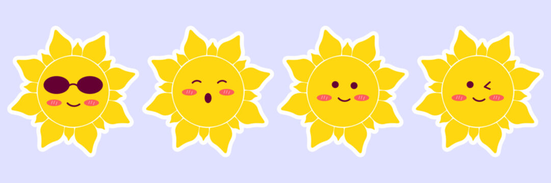 Set of four cute sun stickers with different emotions and white outline, perfect for children&rsquo;s designs, planners, weather icons, scrapbooking and playful summer branding