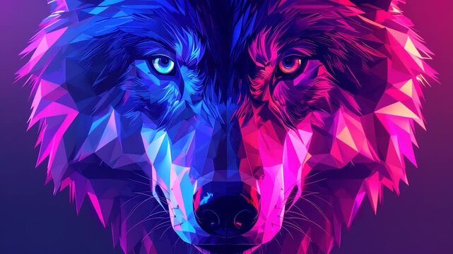 Geometric portrait of a wolf with blue and pink hues, segmented into polygonal shapes